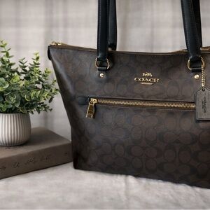COACH Brown Signature Canvas Tote with Black Handles and Gold Hardware